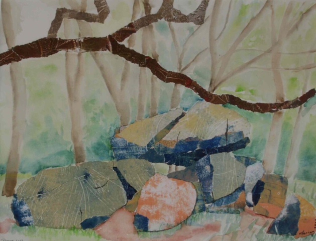 Plouaret, la branche au dessus le Dolmen, collage en aquarel