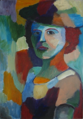 vrouw met de hoed in vlekjes-acryl
